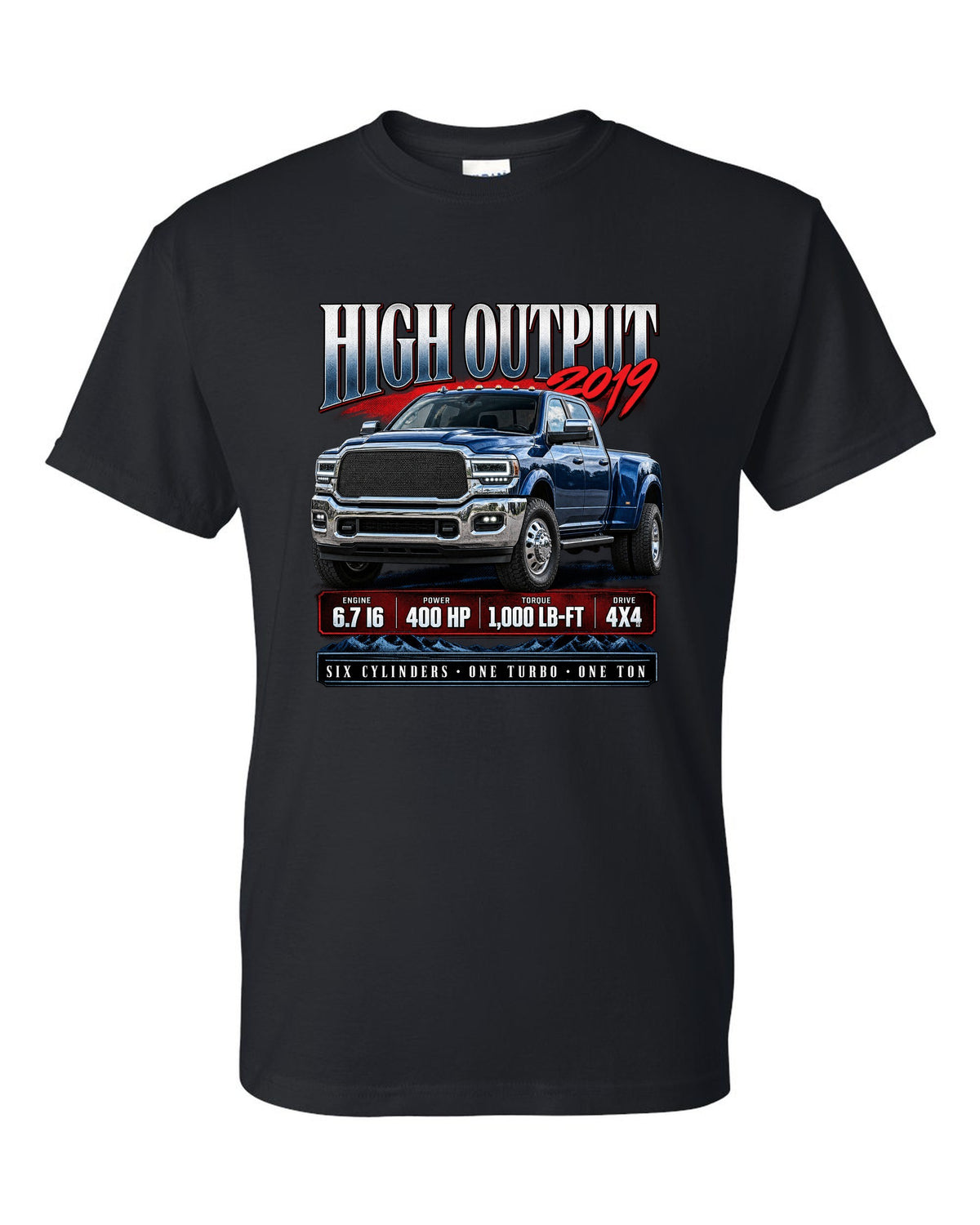 Archive panel of a 2019 Ram 3500 5th gen High Output 6.7 with 400 HP and 1,000 lb-ft black t-shirt front view with the design