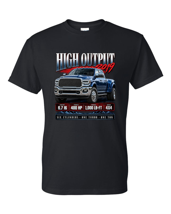 Archive panel of a 2019 Ram 3500 5th gen High Output 6.7 with 400 HP and 1,000 lb-ft black t-shirt front view with the design