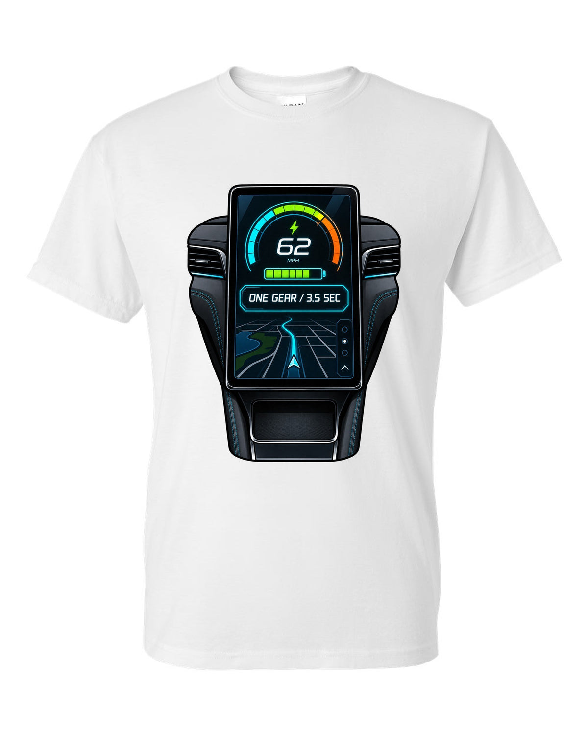 Round embroidery-style crest print for the 2020 Mustang Mach-E CX727 reading 88 kWh Extended Range white t-shirt front view with the design
