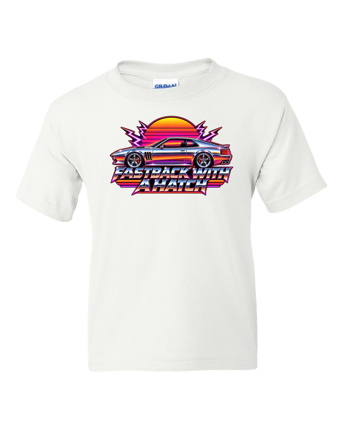 Kia Stinger GT CK 80s airbrush chrome sunset print with fastback with a ch text white kids tee front view with the design