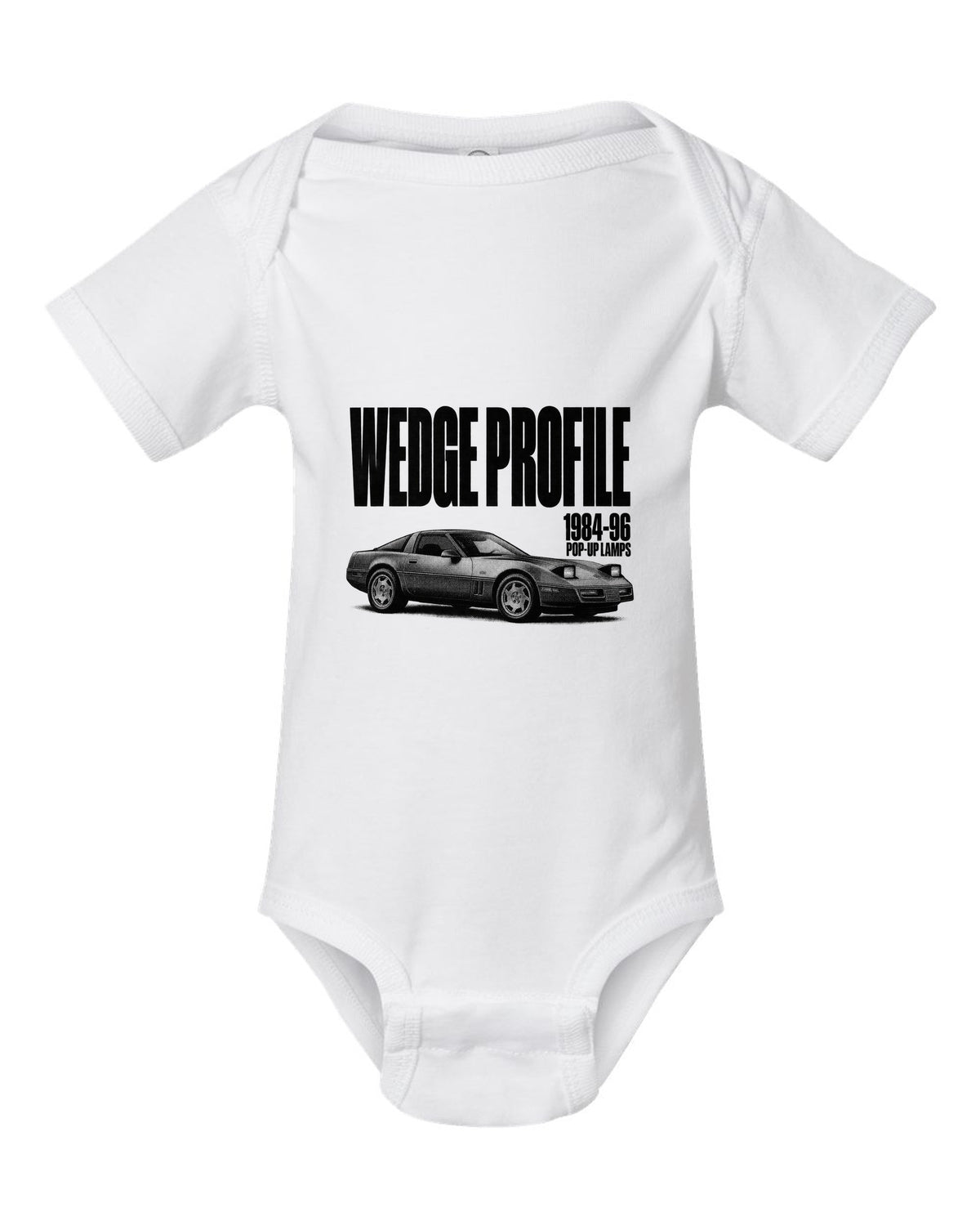 Chevrolet Corvette C4 1989 coupe wedge profile halftone print white baby onesie front view with the design