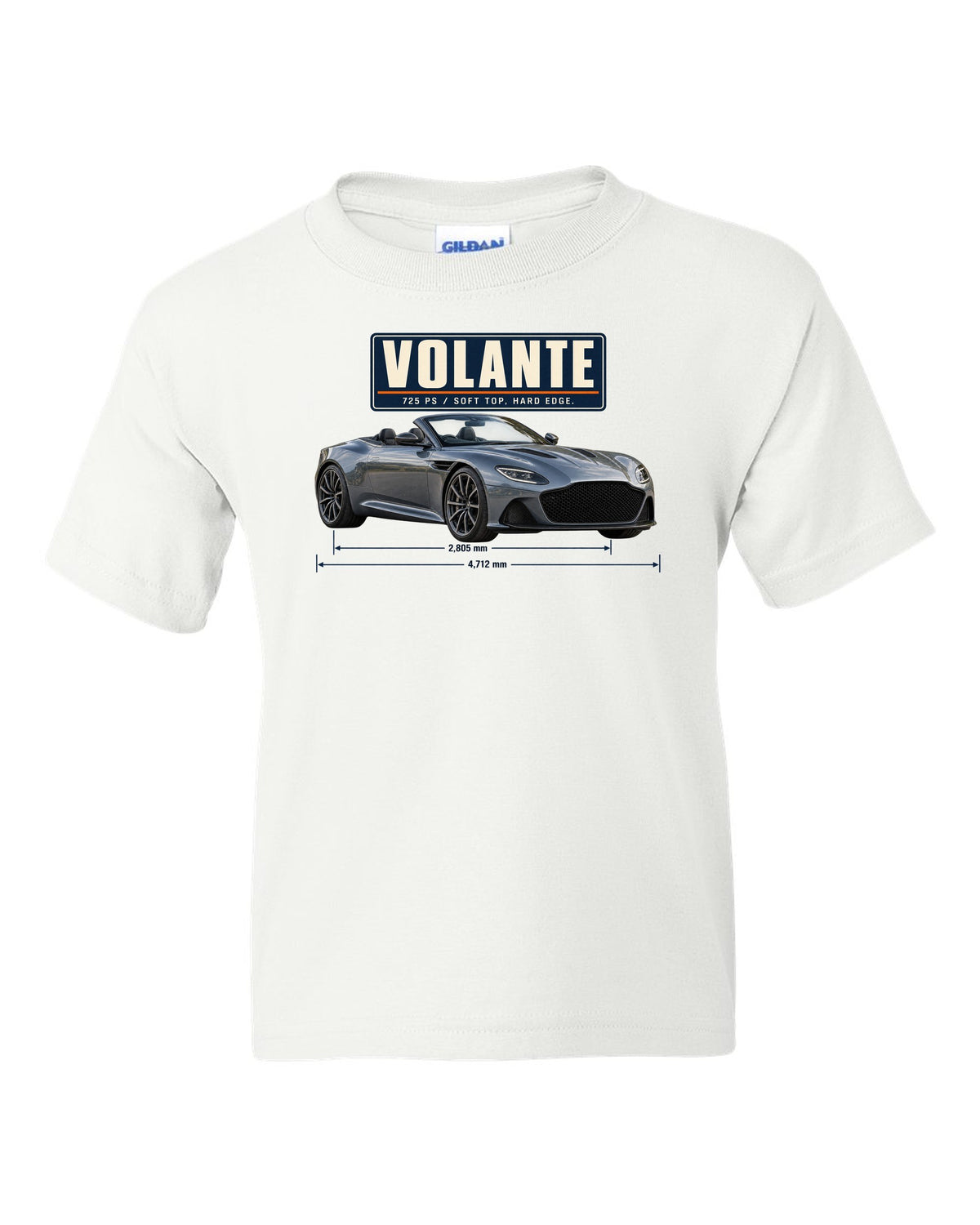 Aston Martin DBS Volante 2019 top-down editorial headline print with 725 PS text white kids tee front view with the design