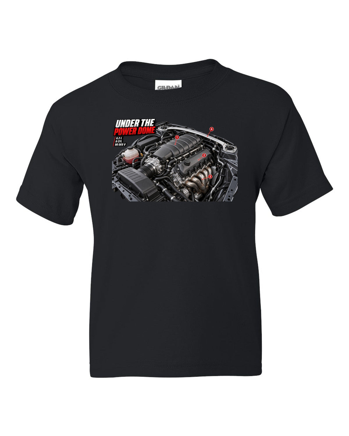 print of the Mercedes C63 AMG W204 M156 engine bay with the text Under The Power Dome black kids tee front view with the design