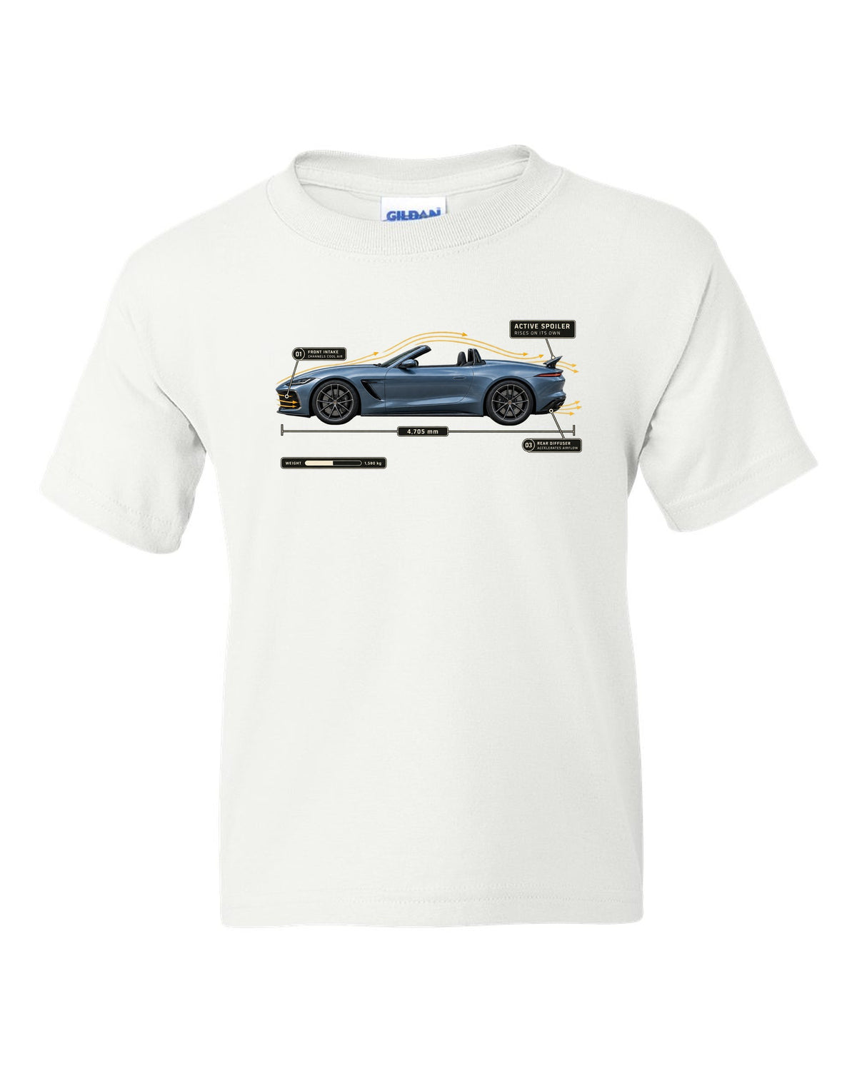 SL63 R232 Active Spoiler Aero Callout white kids tee front view with the design