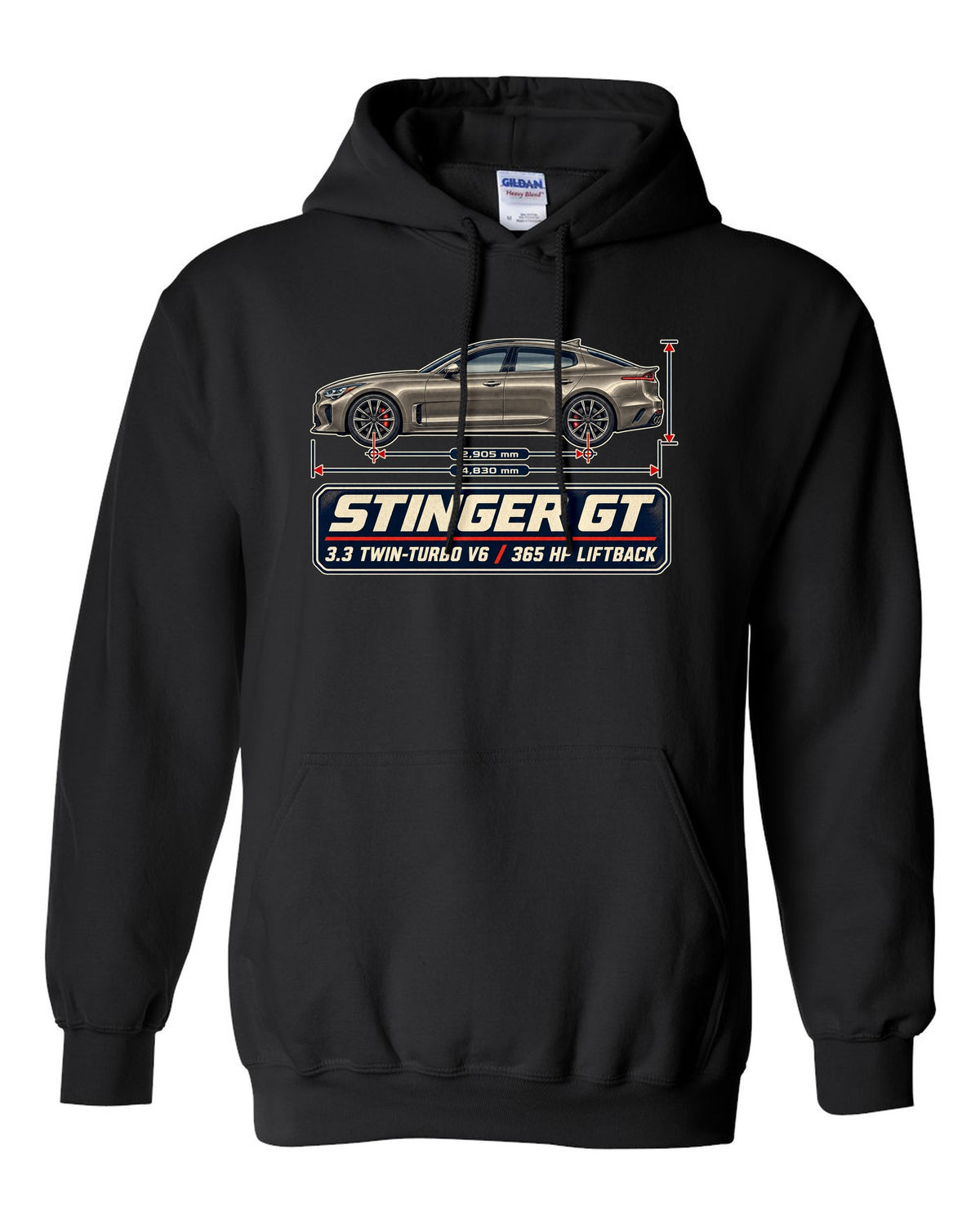 Kia Stinger GT dimension blueprint print on a shirt black pull over hoodie front view with the design