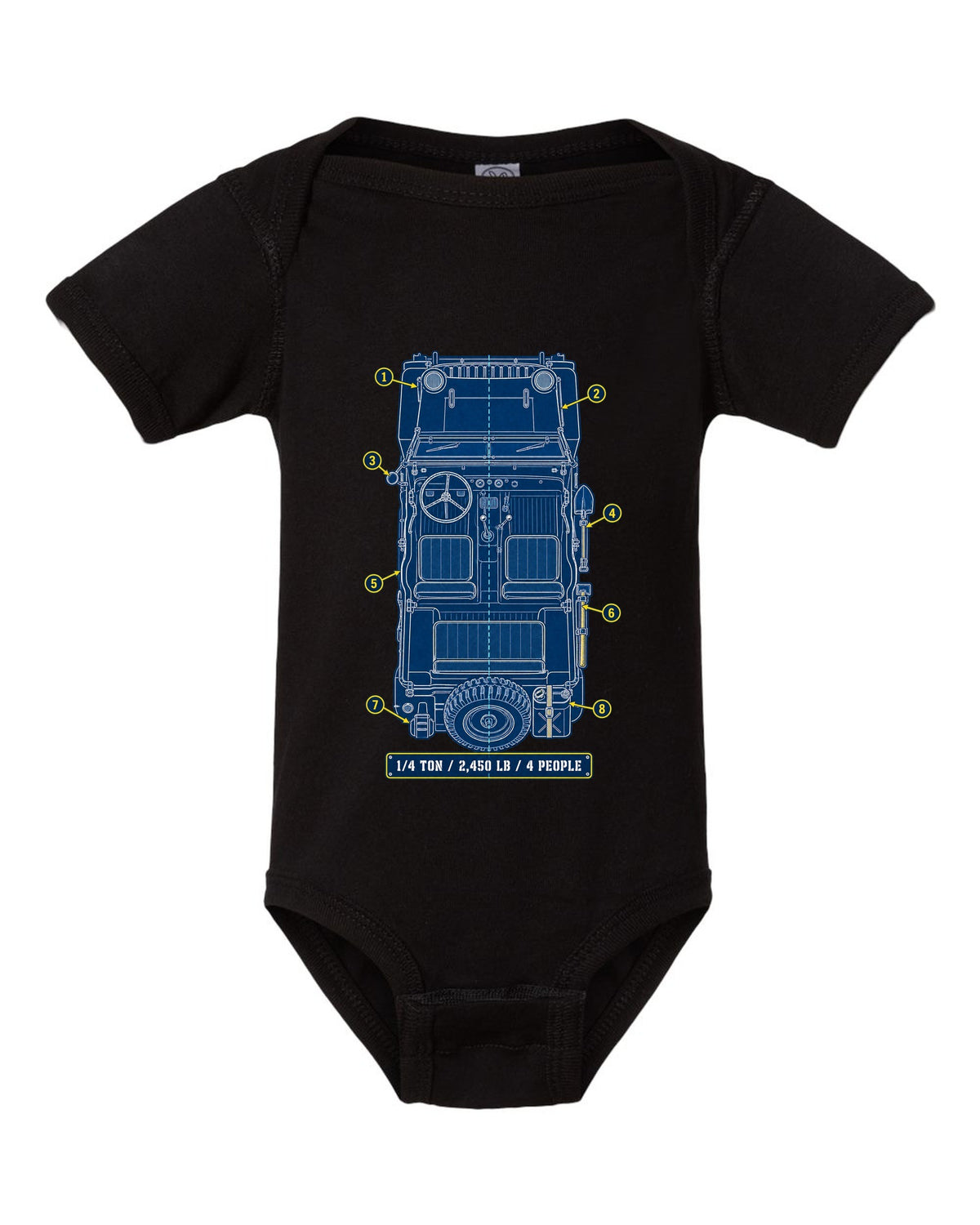 Cyanotype blueprint print of a Willys MB with field manual specs text black baby onesie front view with the design