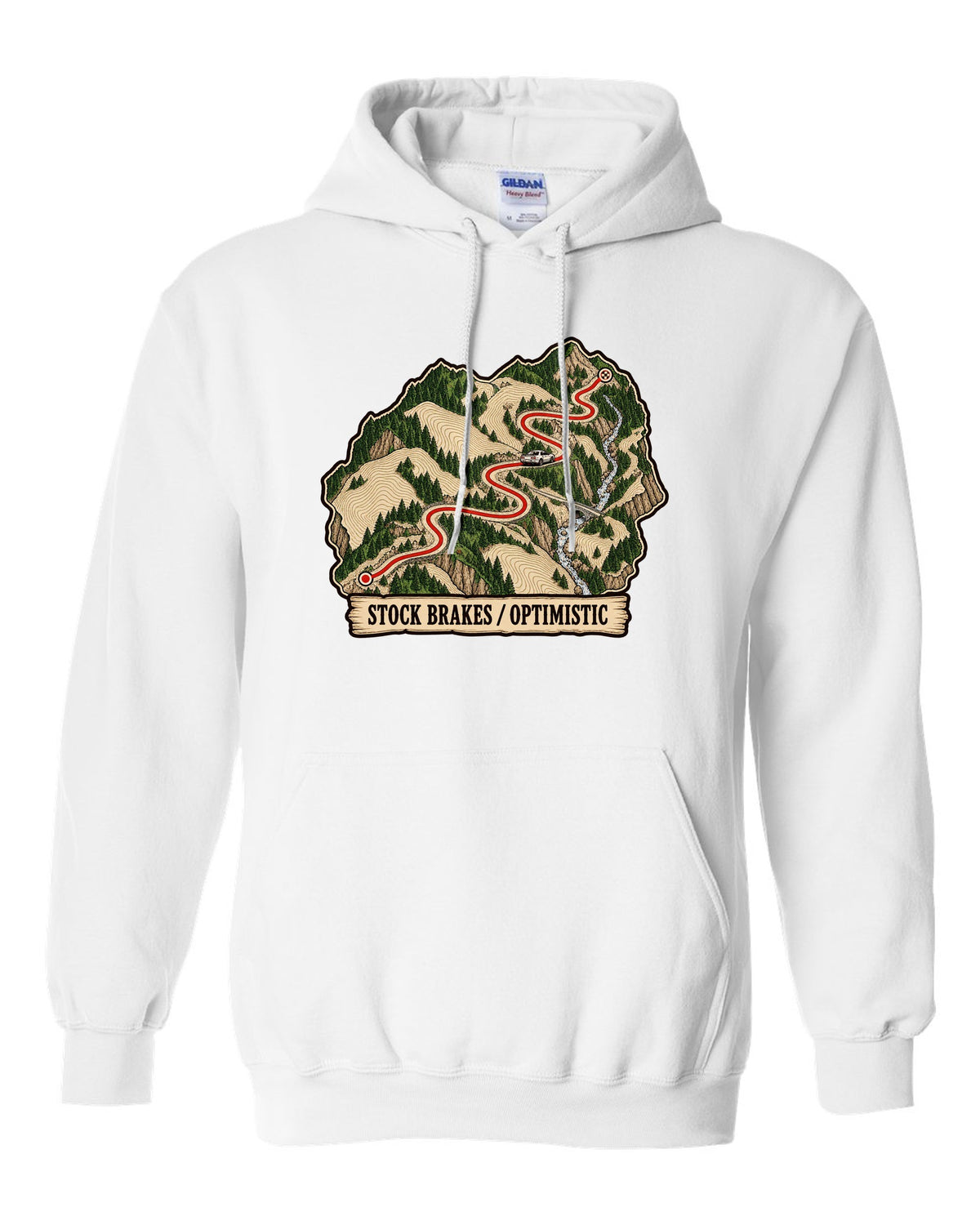 Topographic route map print of a mountain pass for the Nissan Skyline GT-R R32 BNR32 white pull over hoodie front view with the design