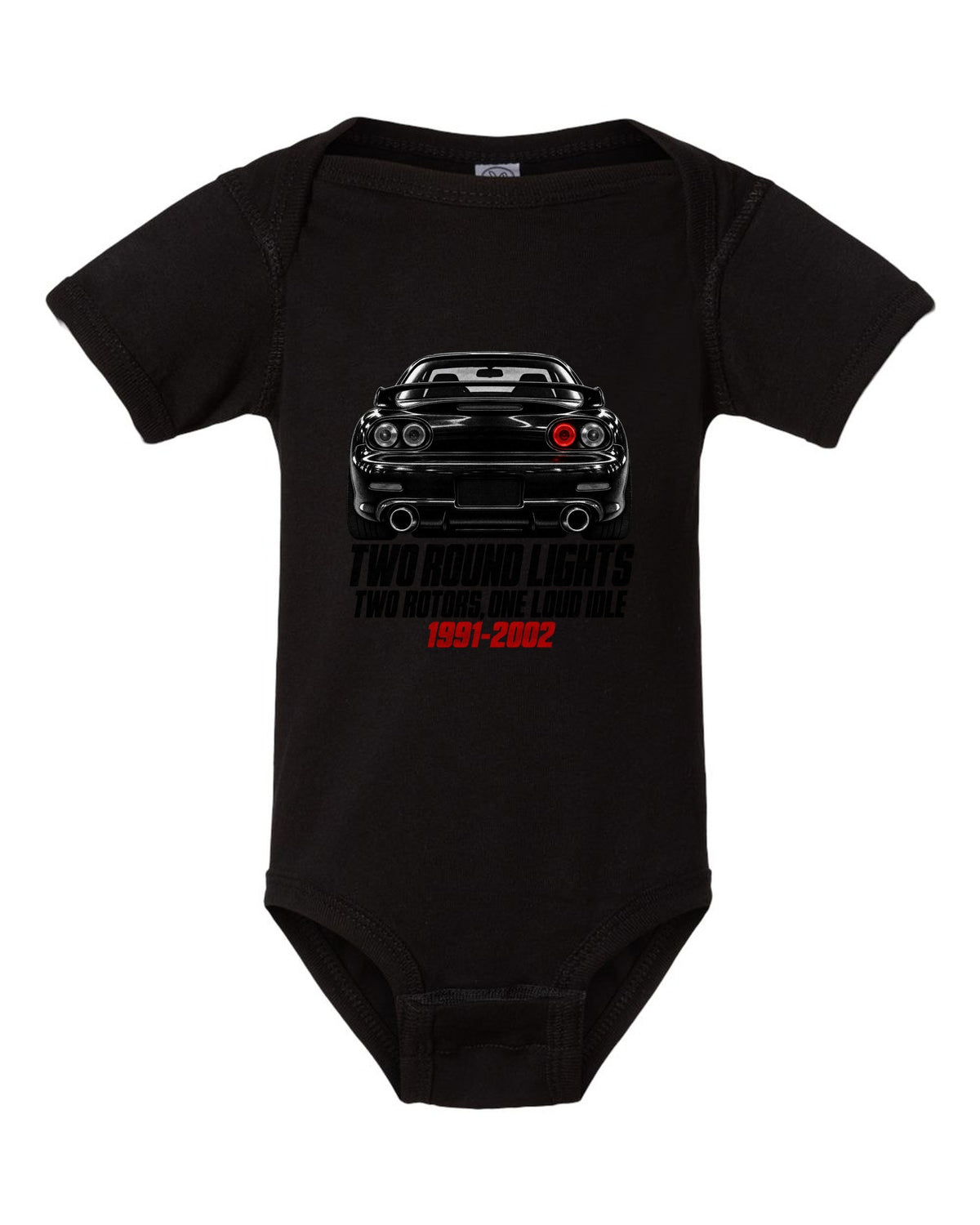 Taillight detail print of a Mazda RX-7 FD3S with two round lamps black baby onesie front view with the design