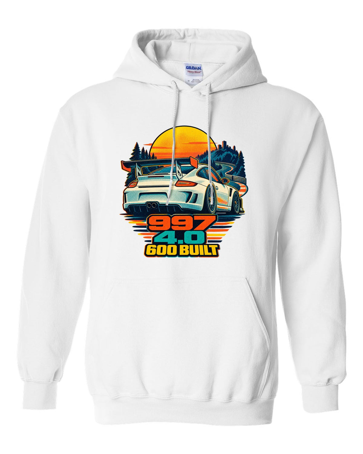 Misregistered risograph print of a Porsche 911 GT3 RS 4.0 997 at sunrise white pull over hoodie front view with the design