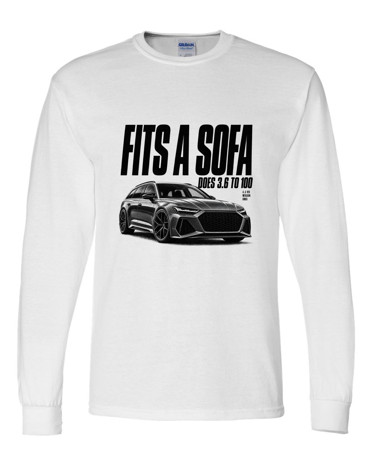 Halftone print of an Audi RS6 Avant C8 front three-quarter with Fits A Sofa caption white long sleeve front view with the design