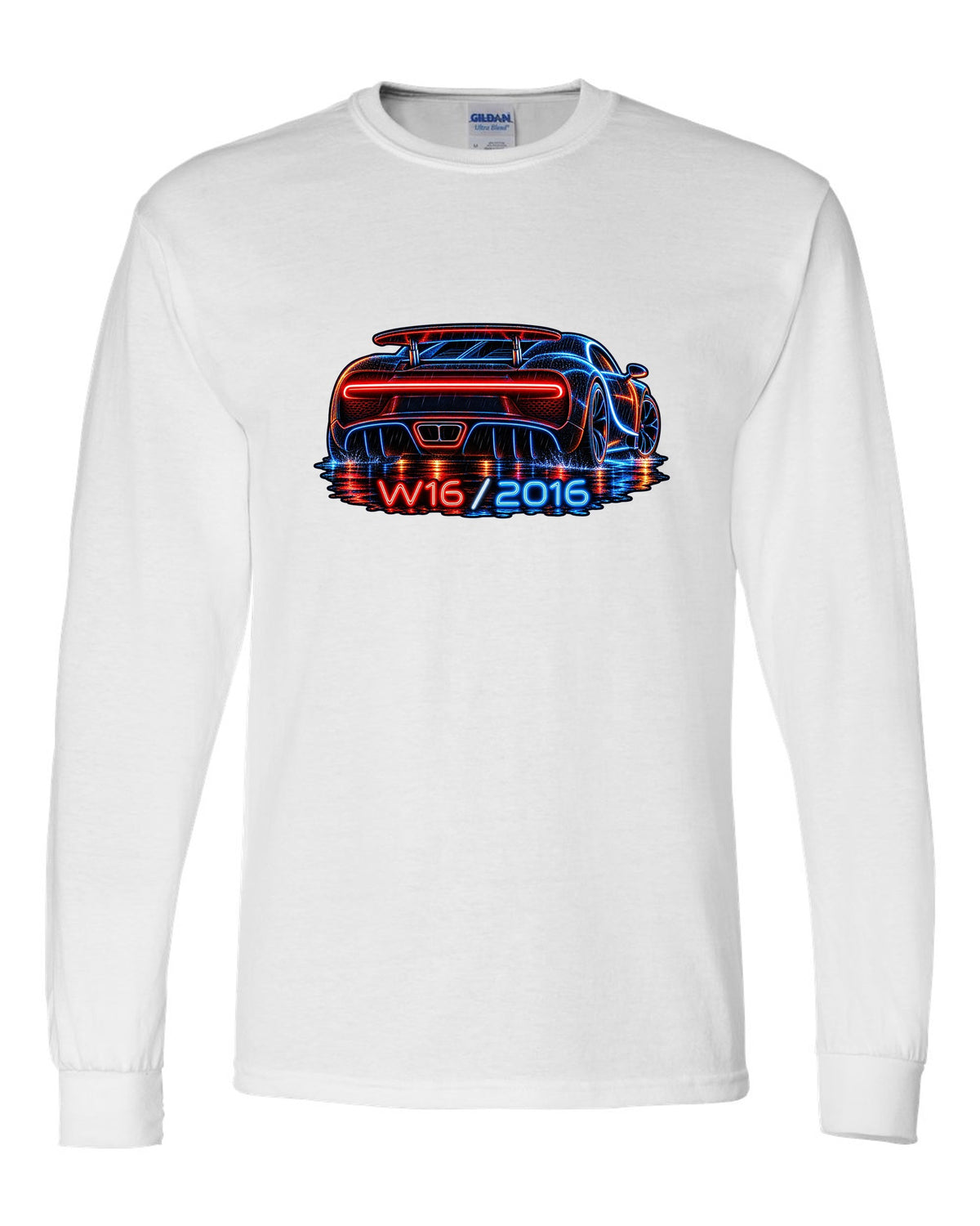 Neon sign style illustration of the Bugatti Chiron rear light bar in rain with W16 2016 lettering white long sleeve front view with the design