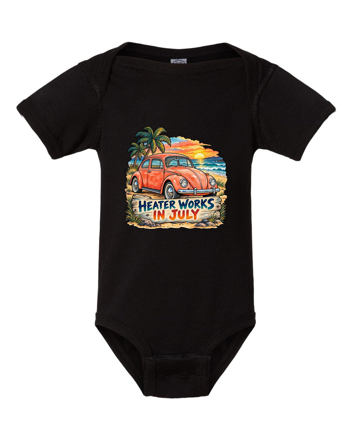Watercolour sunset beach scene with a 1960s VW Beetle Type 1 and heater works in July text black baby onesie front view with the design