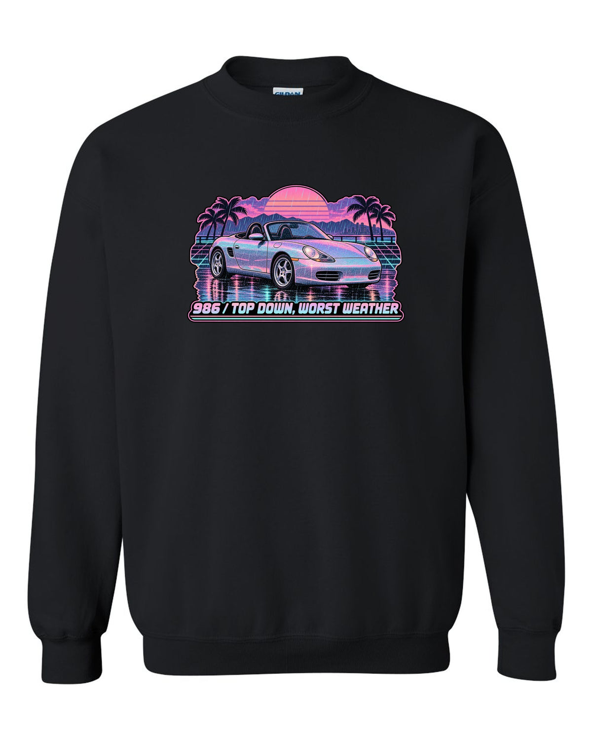 Lo-fi vaporwave Porsche Boxster 986 with the roof down black crewneck front view with the design