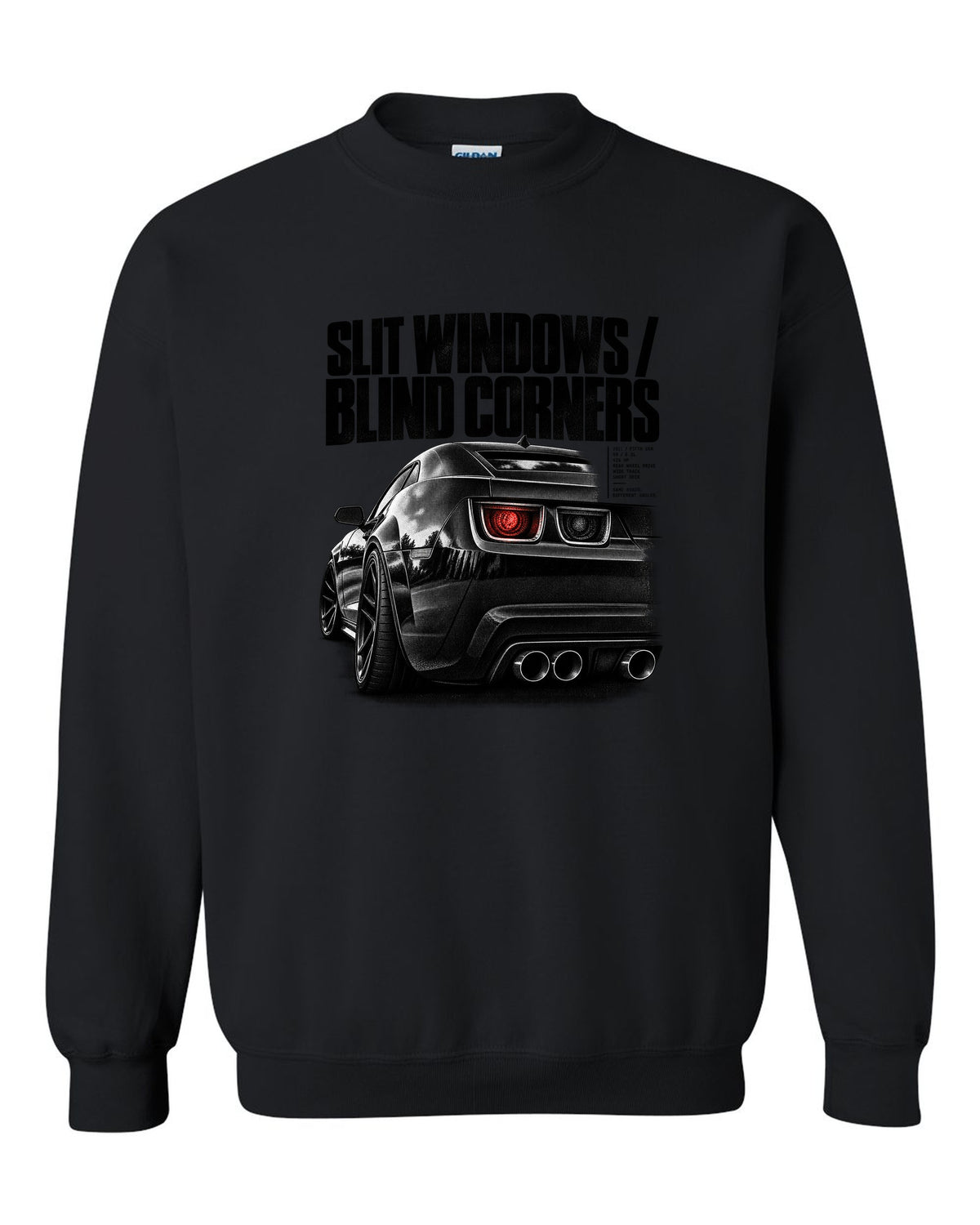 Rear three-quarter taillight print of a 2011 Chevrolet Camaro SS with slit windows text black crewneck front view with the design