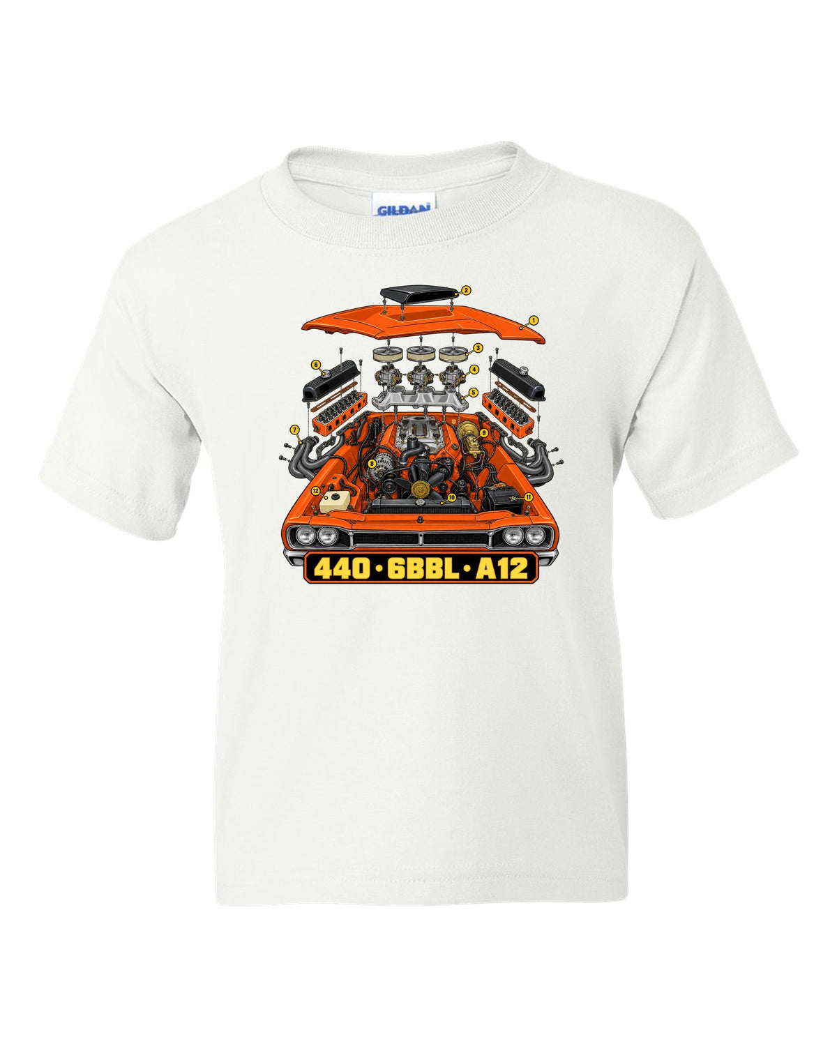 Isometric exploded technical drawing of the 440 six-barrel engine in a 1969 Dodge Coronet Super Bee A12 white kids tee front view with the design