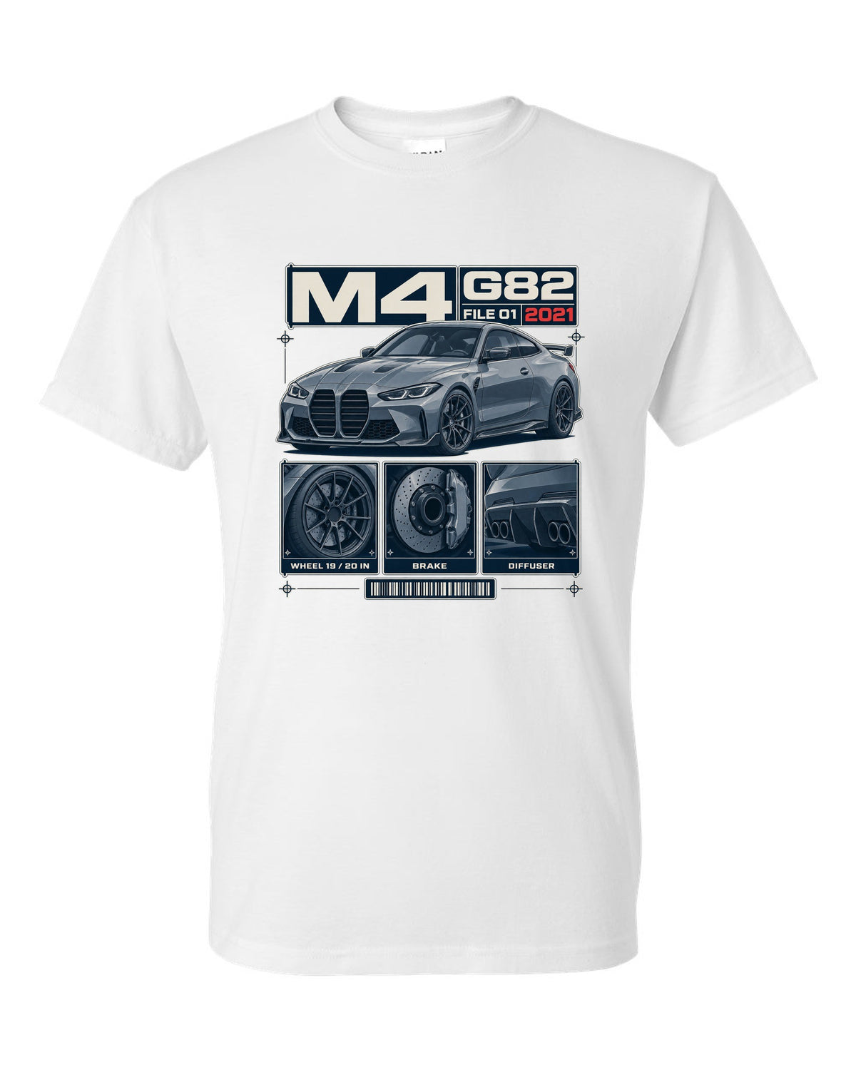 BMW M3 G80 dossier panels print with wheel, brake and diffuser details white t-shirt front view with the design