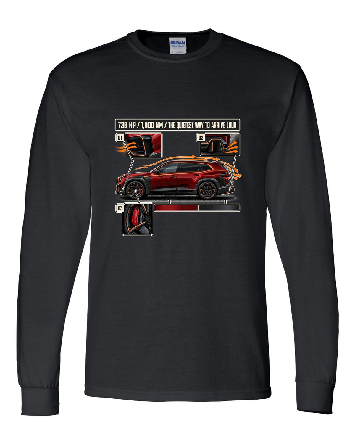 BMW XM Label Red aero cutaway callouts print on a tee black long sleeve front view with the design