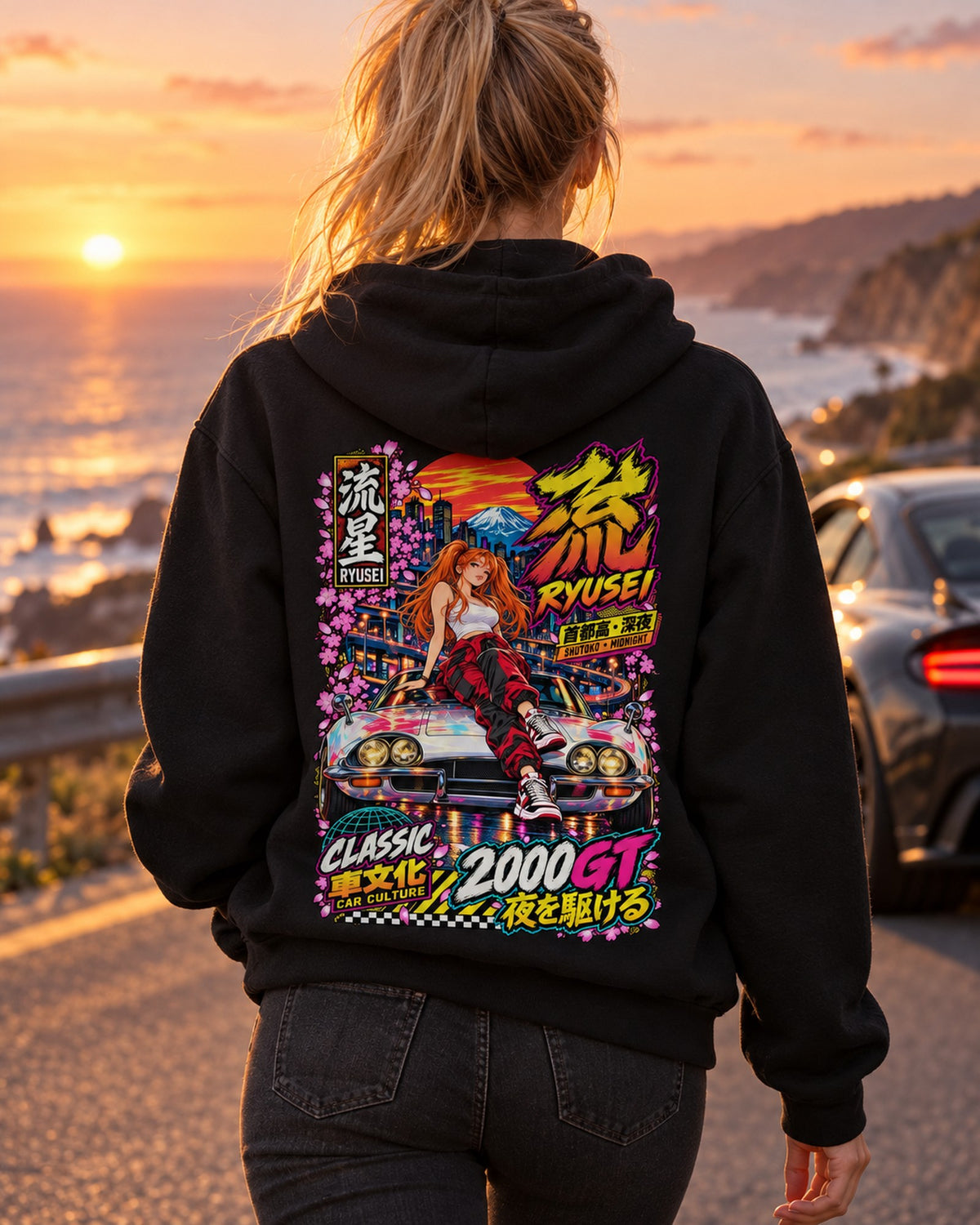 RYUSEI 2000GT Anime Girl Full-Back Graphic Tee Pull Over Hoodie Black worn hero