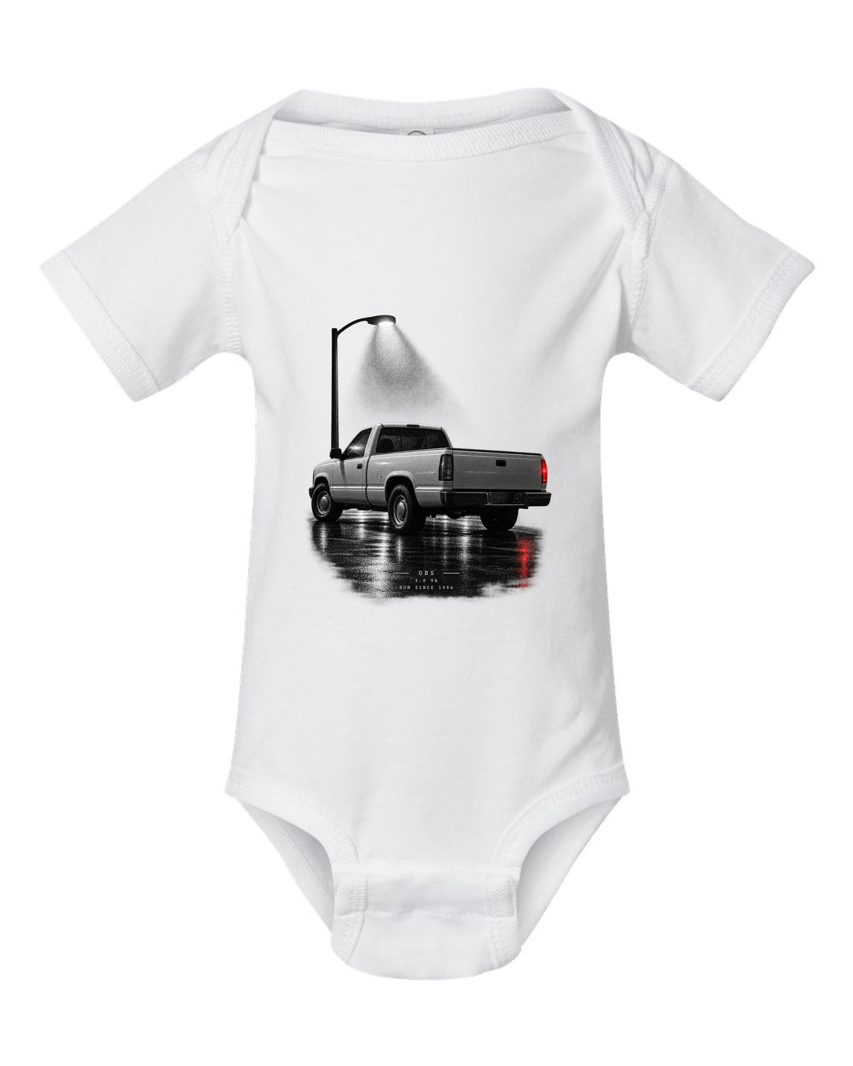 Night garage print of a 1992-97 Ford F-150 OBS truck with 5.0 V8 lettering white baby onesie front view with the design
