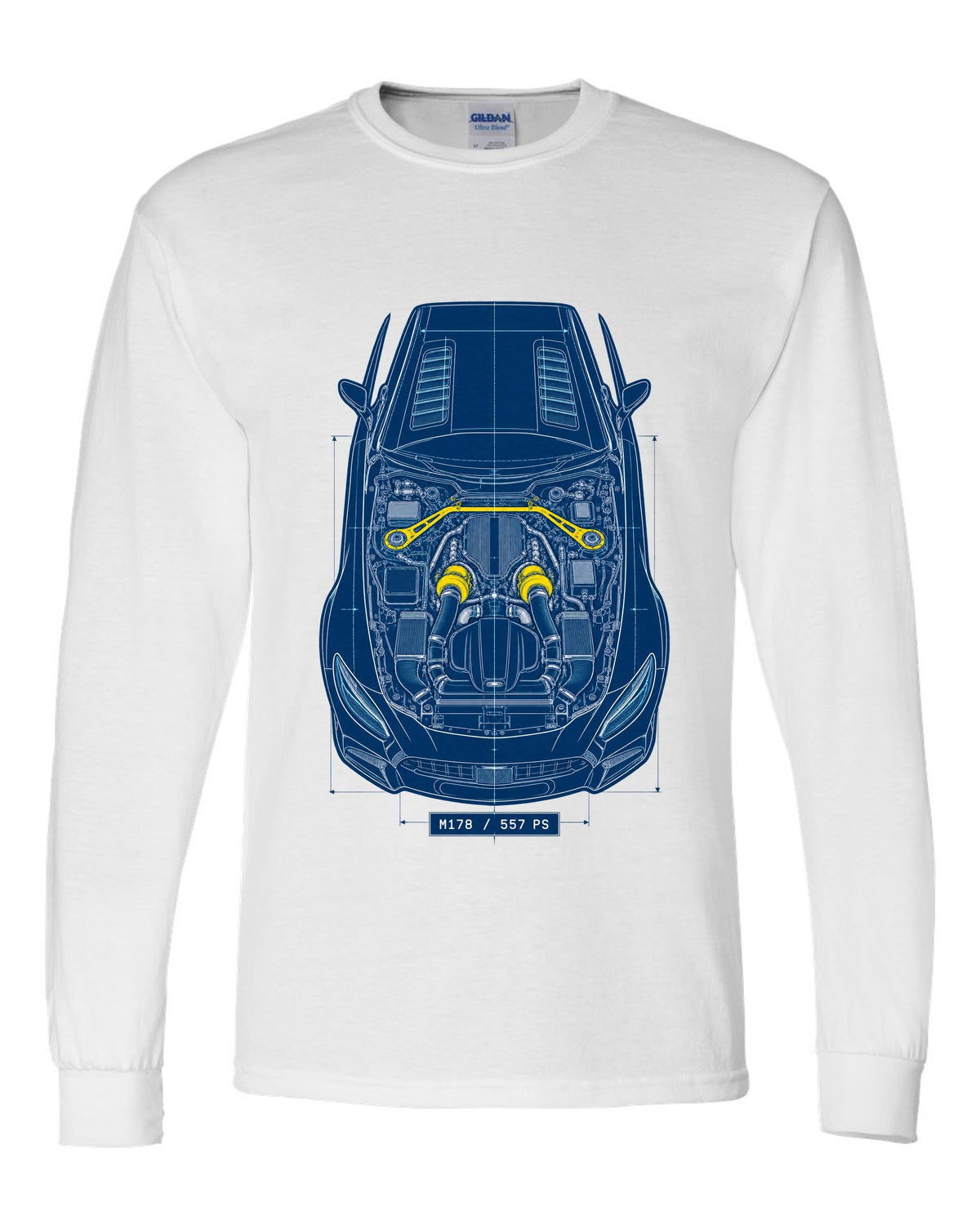 Neon synthwave illustration of Mercedes AMG GT R C190 tail lights with M178 4.0 Biturbo text white long sleeve front view with the design