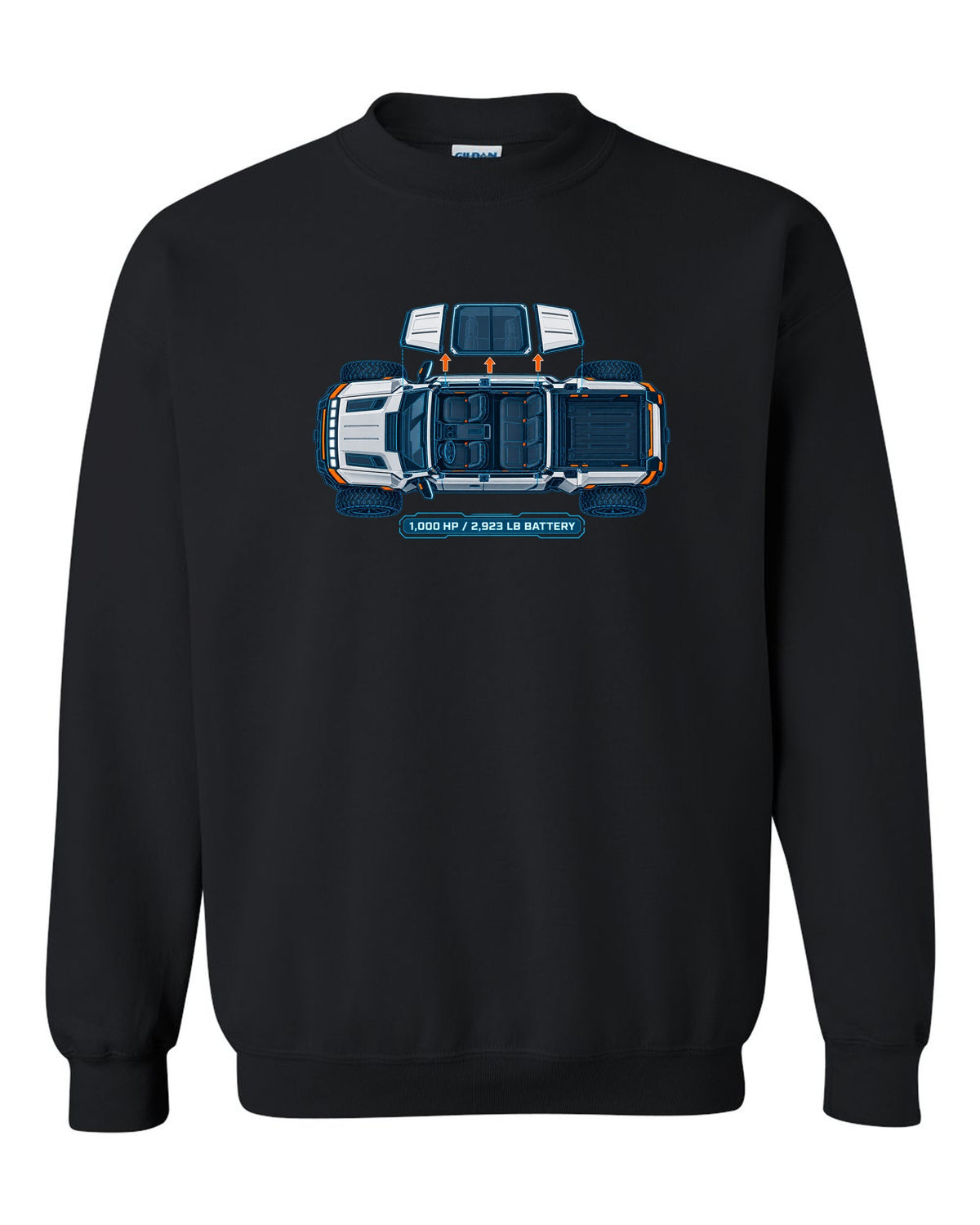 GMC Hummer EV roof panels shown as a white and cyan blueprint with 1,000 HP and battery weight black crewneck front view with the design