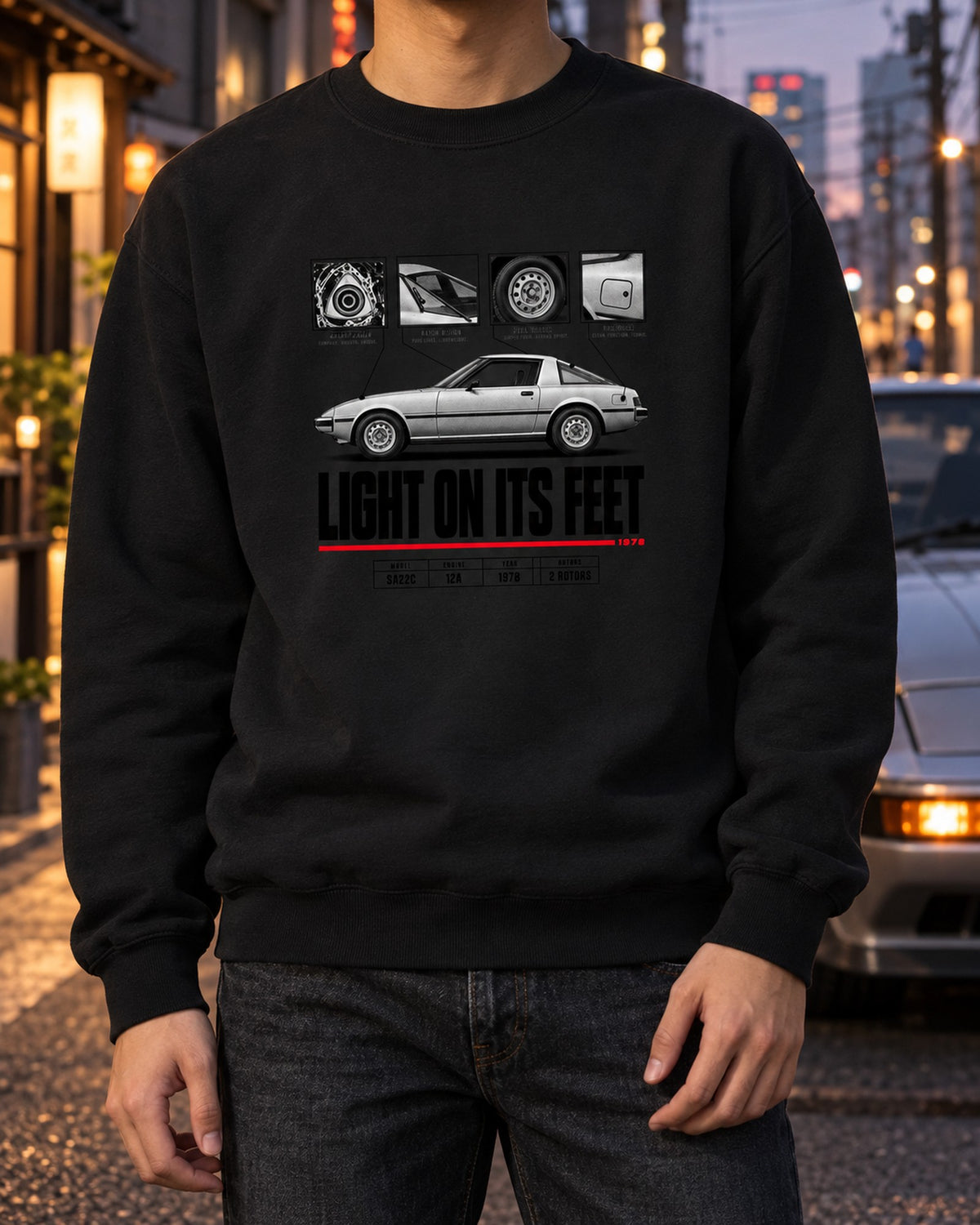 Mazda RX-7 SA22C Savanna Spec Poster Tee, Two Rotor Shirt Crewneck Black worn hero