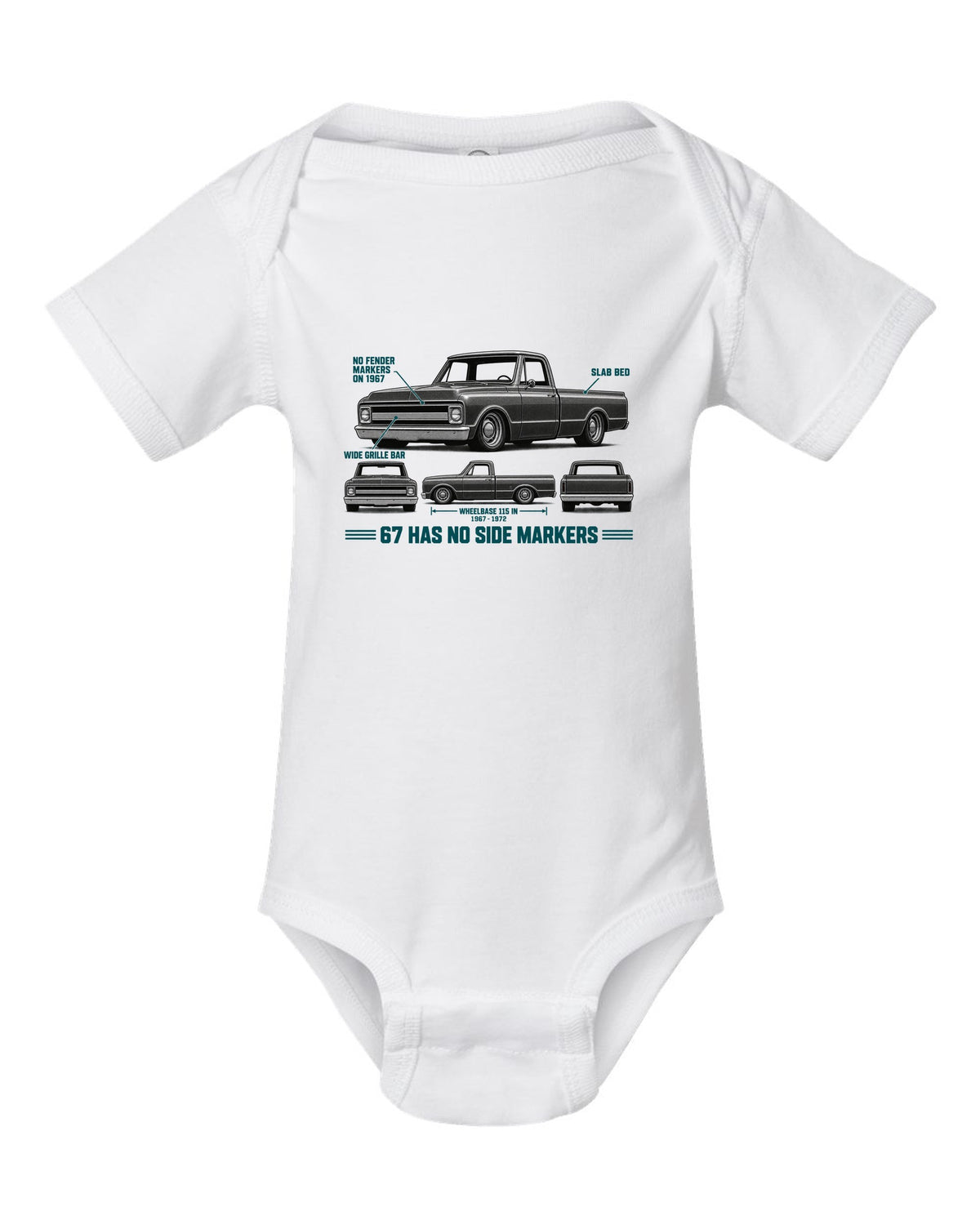 Chevrolet C10 Fleetside 1967-72 Spec Strip white baby onesie front view with the design