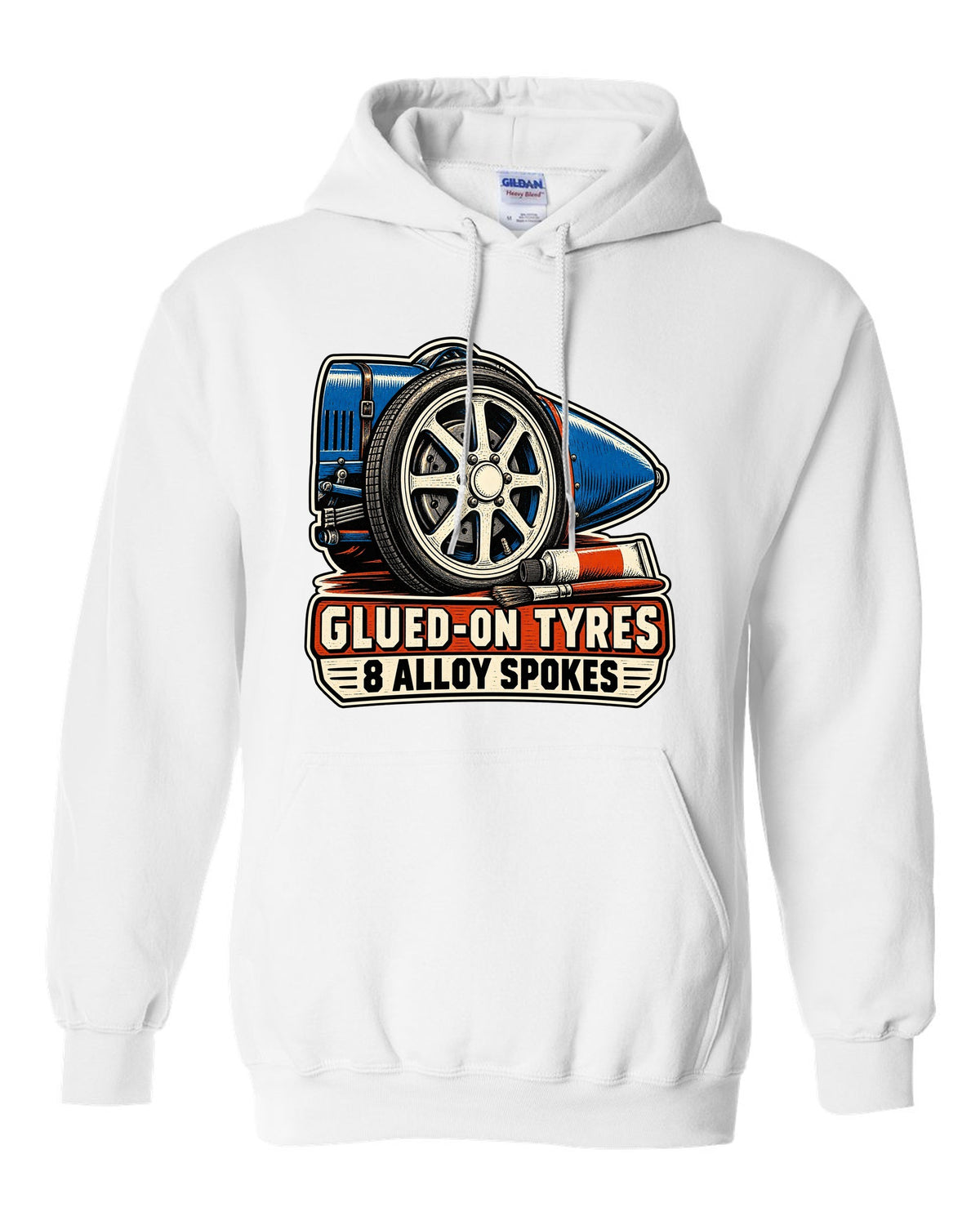 Linocut style print of a Bugatti Type 35 eight-spoke alloy wheel with glued-on tyres lettering white pull over hoodie front view with the design