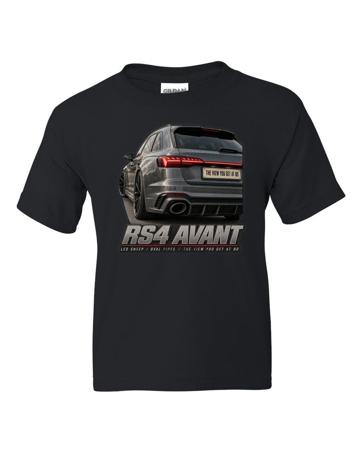 Audi RS4 Avant B9 rear taillight macro with LED sweep and oval pipes print black kids tee front view with the design