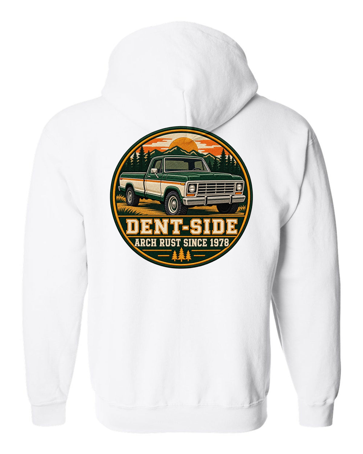 Dent-Side Ford F-150 1973-79 Varsity Crest Graphic Tee white zip hoodie back view with the design