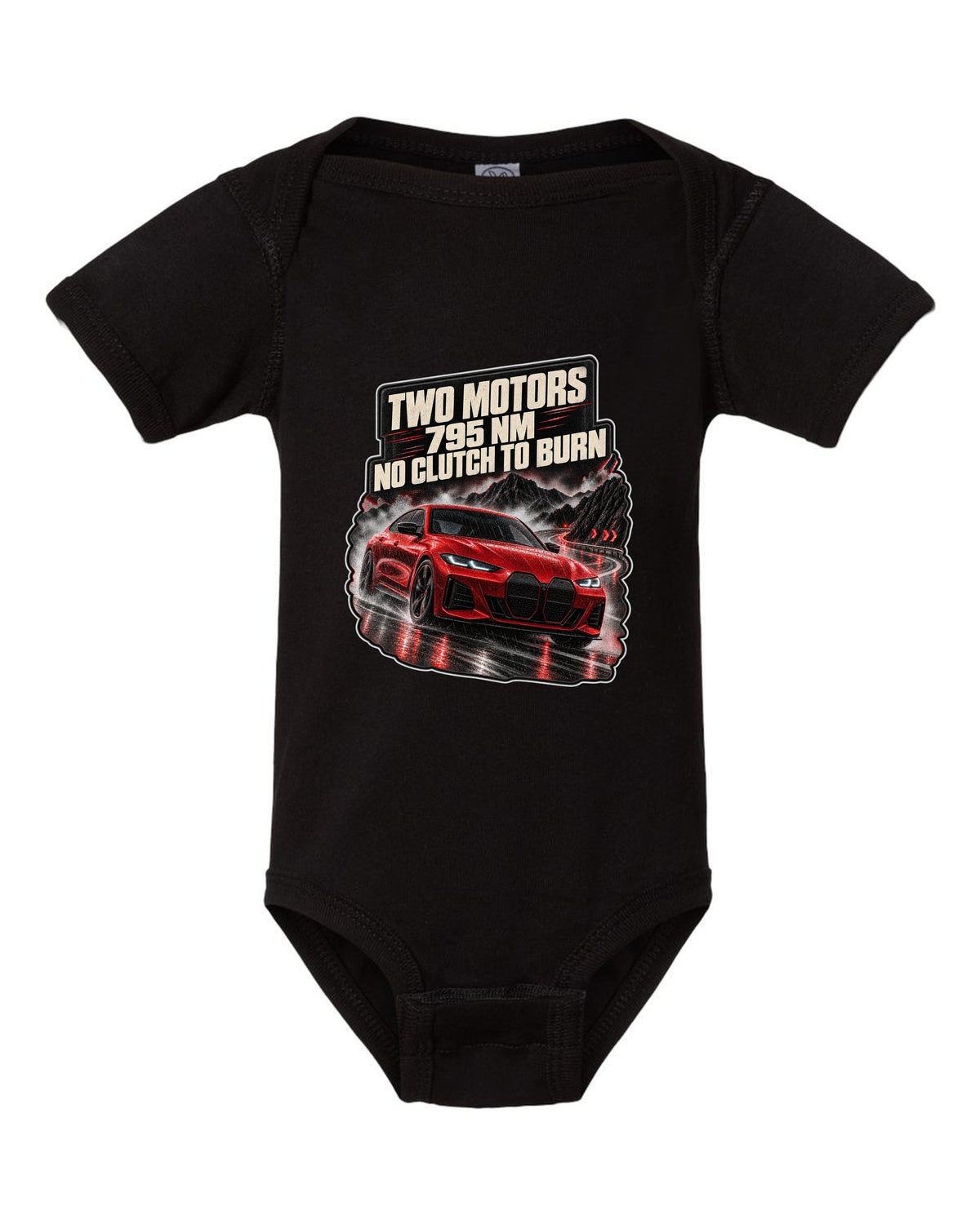 Night touge road print of a BMW i4 M50 G26 with two motors and 795 Nm black baby onesie front view with the design