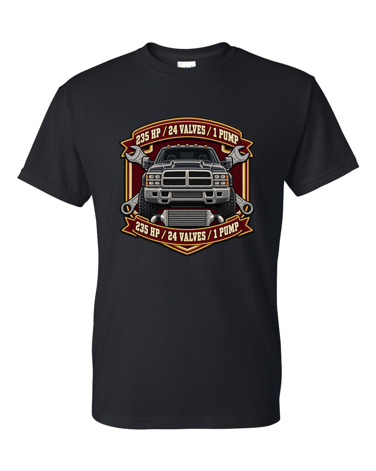 Varsity crest print for the 1998.5-2002 Dodge Ram 2500 24V Cummins with 235 HP, 24 valves, 1 pump black t-shirt front view with the design