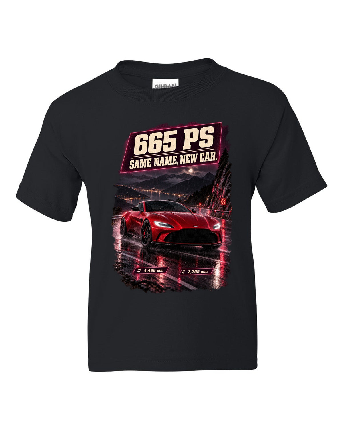 Aston Martin Vantage 2024 touge night street print with 665 PS text black kids tee front view with the design
