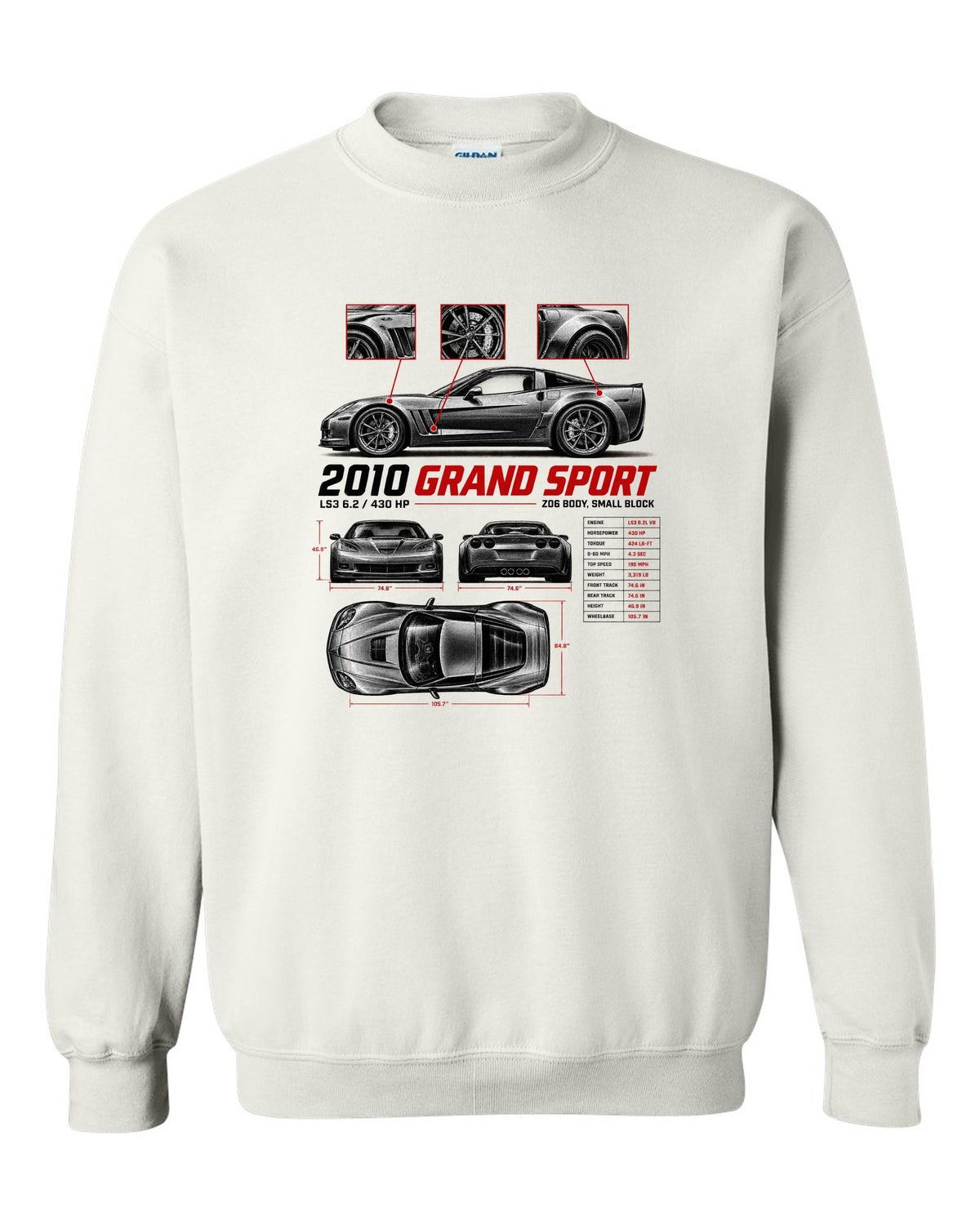 Corvette C6 Grand Sport 2010 with wide haunches, spec poster white crewneck front view with the design