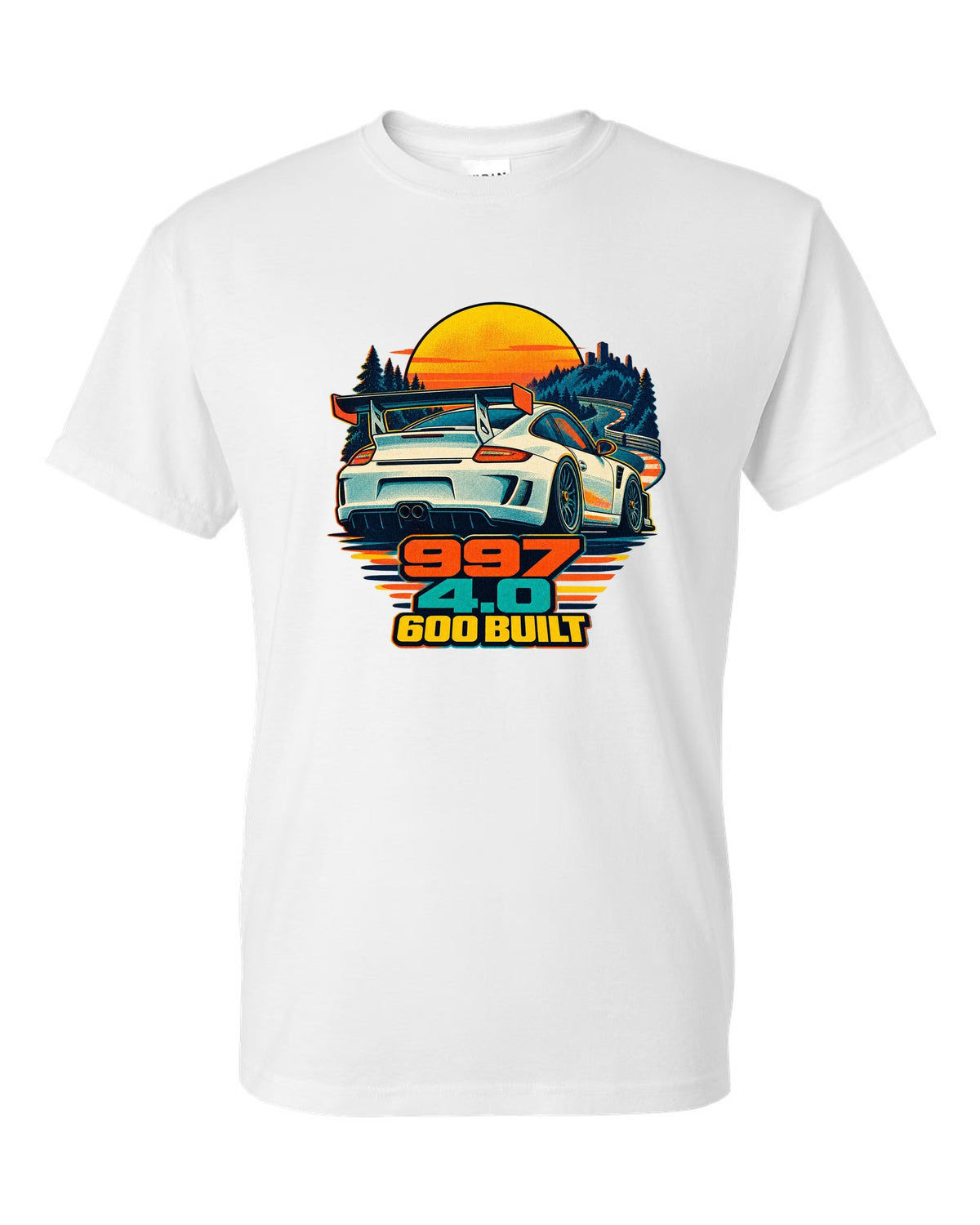 Misregistered risograph print of a Porsche 911 GT3 RS 4.0 997 at sunrise white t-shirt front view with the design
