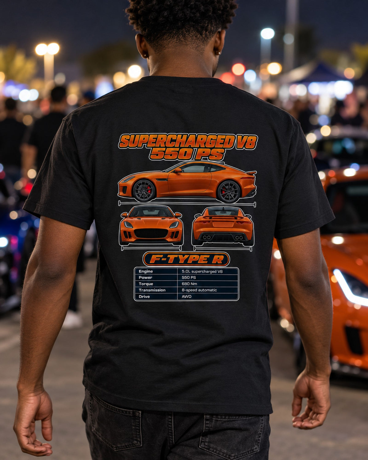 Jaguar F Type R Spec Sheet Full-Back Graphic Tee T-Shirt Black worn hero