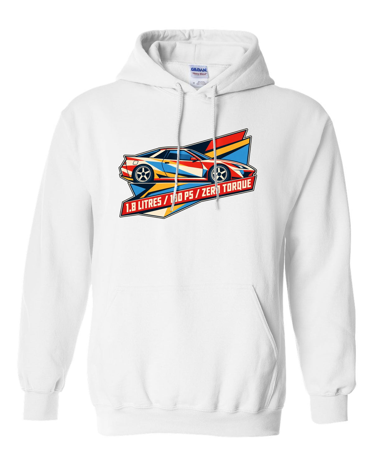 Geometric origami constructivist poster of the Toyota Celica ZZT231 with 190 PS text white pull over hoodie front view with the design
