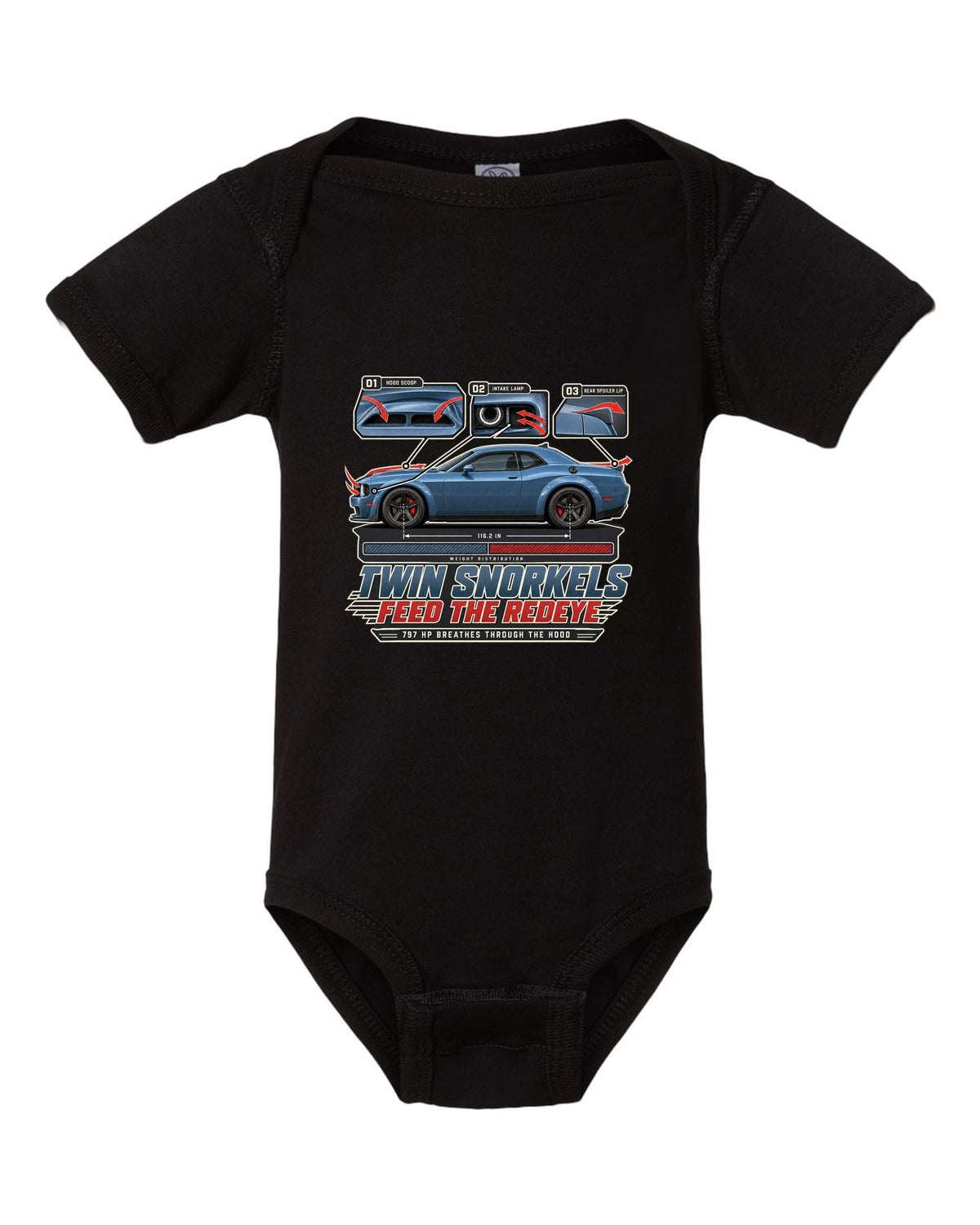 Dodge Challenger Hellcat Redeye Widebody aero callouts showing twin hood snorkels black baby onesie front view with the design