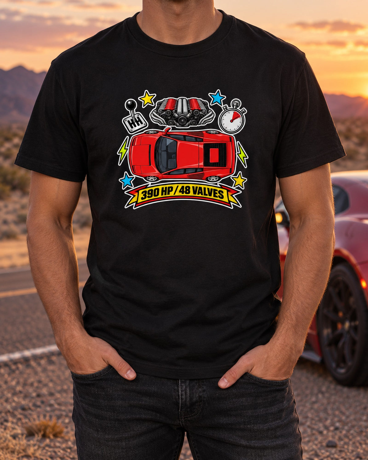 Ferrari Testarossa Strakes Sticker Bomb Collage Tee T-Shirt Black worn hero