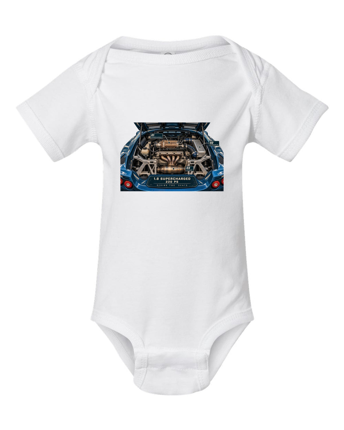 Lotus Exige S 2004 to 2011 supercharged four engine bay print with 1.8 supercharged 220 PS text white baby onesie front view with the design