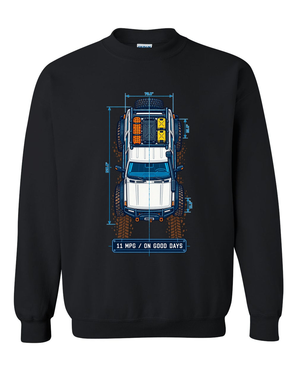 Top-down blueprint line art of a Toyota Land Cruiser FJ80 with roof rack and 11 MPG lettering black crewneck front view with the design