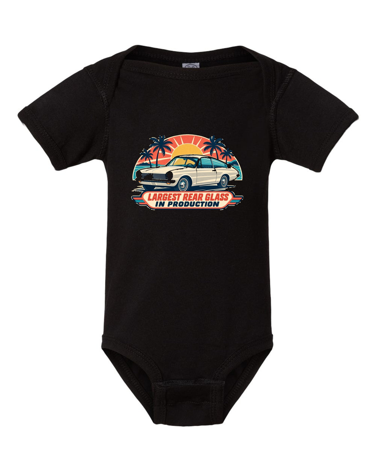 Mid-century travel poster print of a 1965 Plymouth Barracuda fastback black baby onesie front view with the design