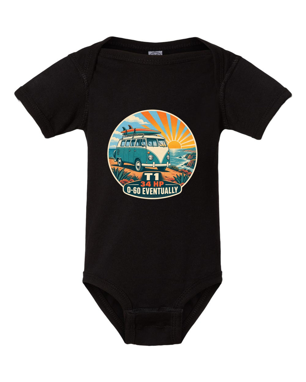 Two-colour silkscreen sunburst print of a 1962 VW Bus T1 split-window with 34 HP lettering black baby onesie front view with the design