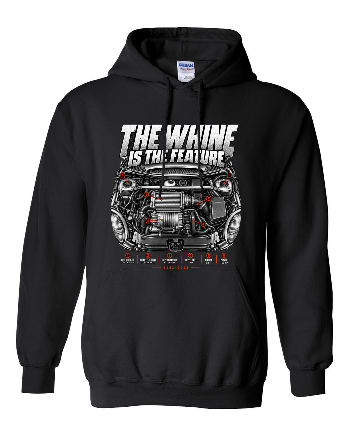 Mini Cooper S R53 engine bay print with supercharger callouts and whine text black pull over hoodie front view with the design