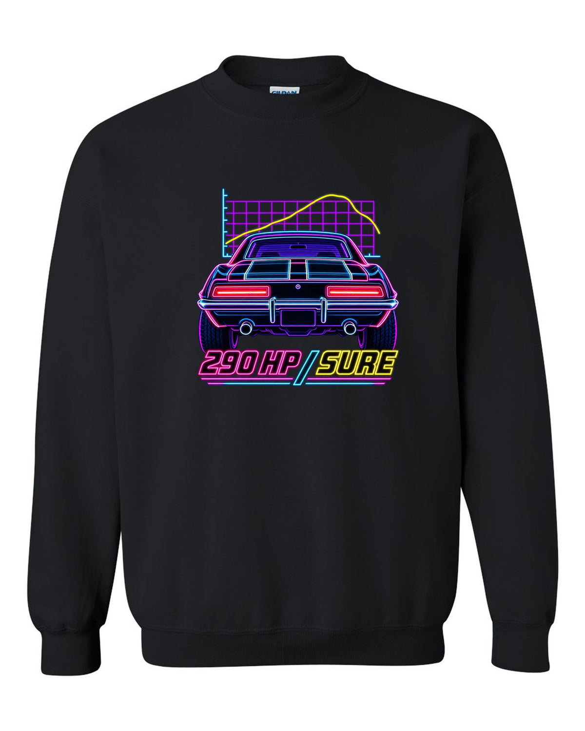 Neon synthwave outline of a 1969 Chevrolet Camaro Z/28 taillights with 290 HP lettering black crewneck front view with the design