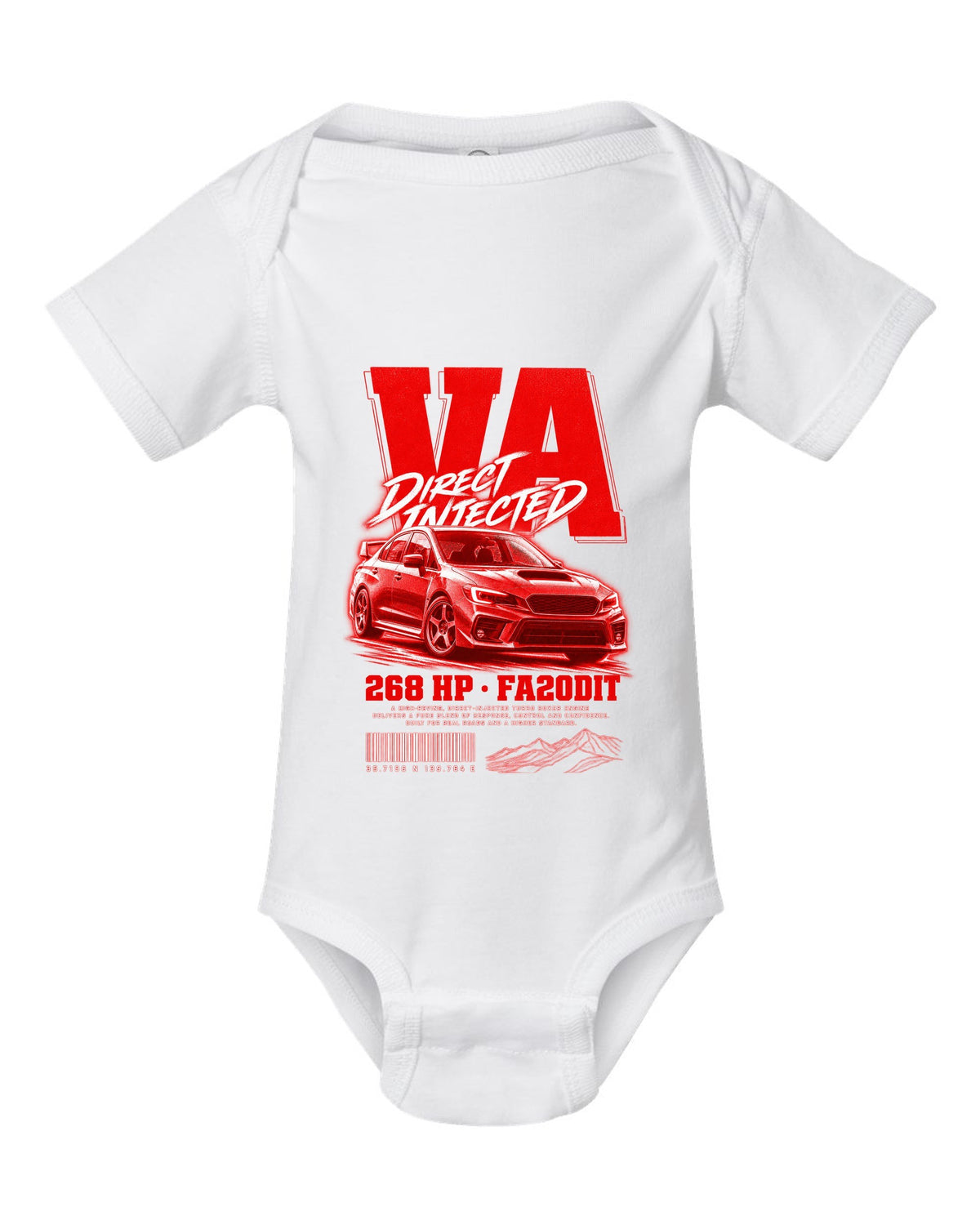 Street poster print for the Subaru WRX VA reading Direct Injected, 268 HP, FA20DIT white baby onesie front view with the design