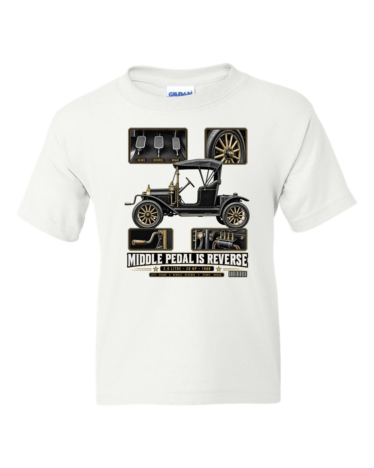 Dossier panel print of a Ford Model T runabout showing its three pedals white kids tee front view with the design