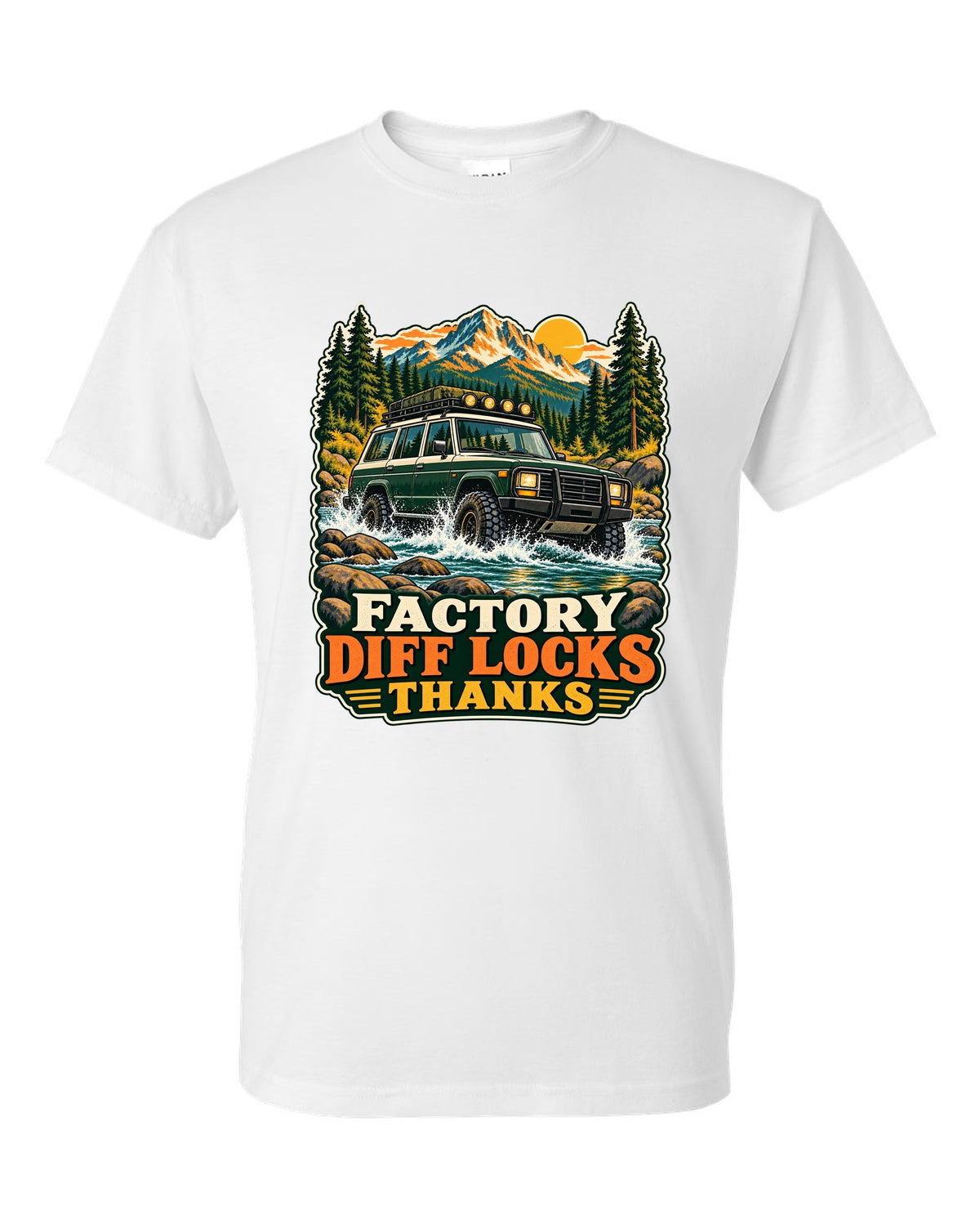 Retro national park poster of a Toyota Land Cruiser FZJ80 crossing a river with diff locks lettering white t-shirt front view with the design