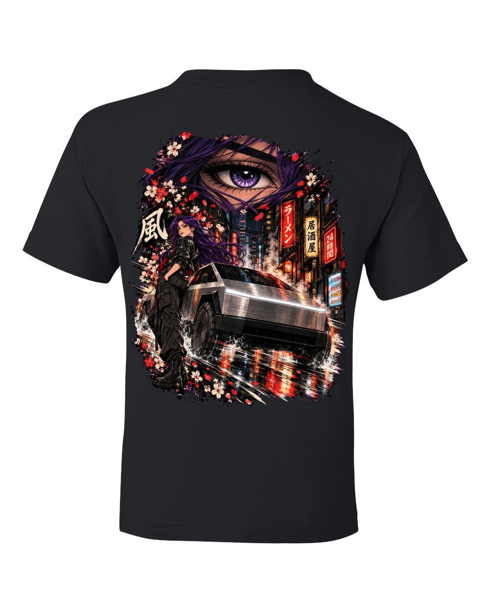 Tesla Cybertruck Anime Girl Kids Tee Black back