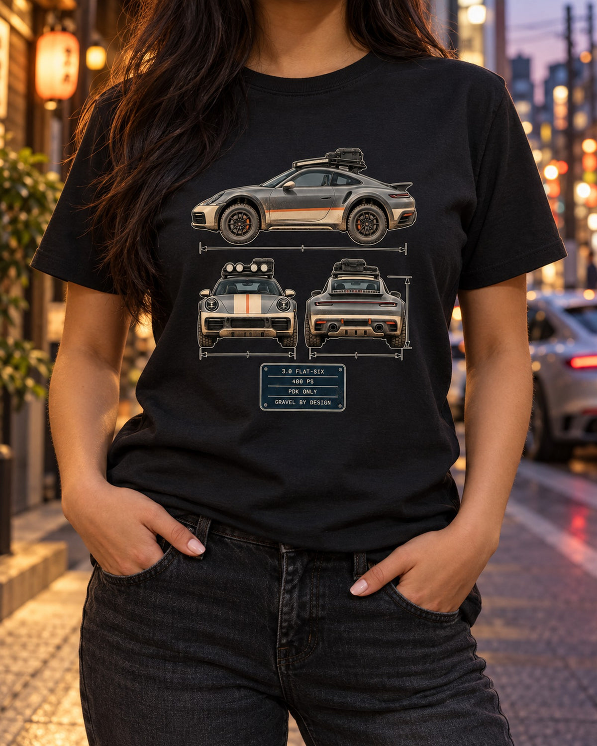 Porsche 911 Dakar Three-View Spec Table Tee, Off-Road 911 T-Shirt Black worn hero
